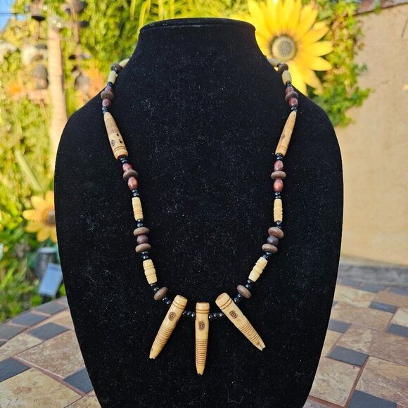 Vintage 1970s-1980s Handcrafted Beaded Necklace with Wooden Accents - Picture 1 of 4